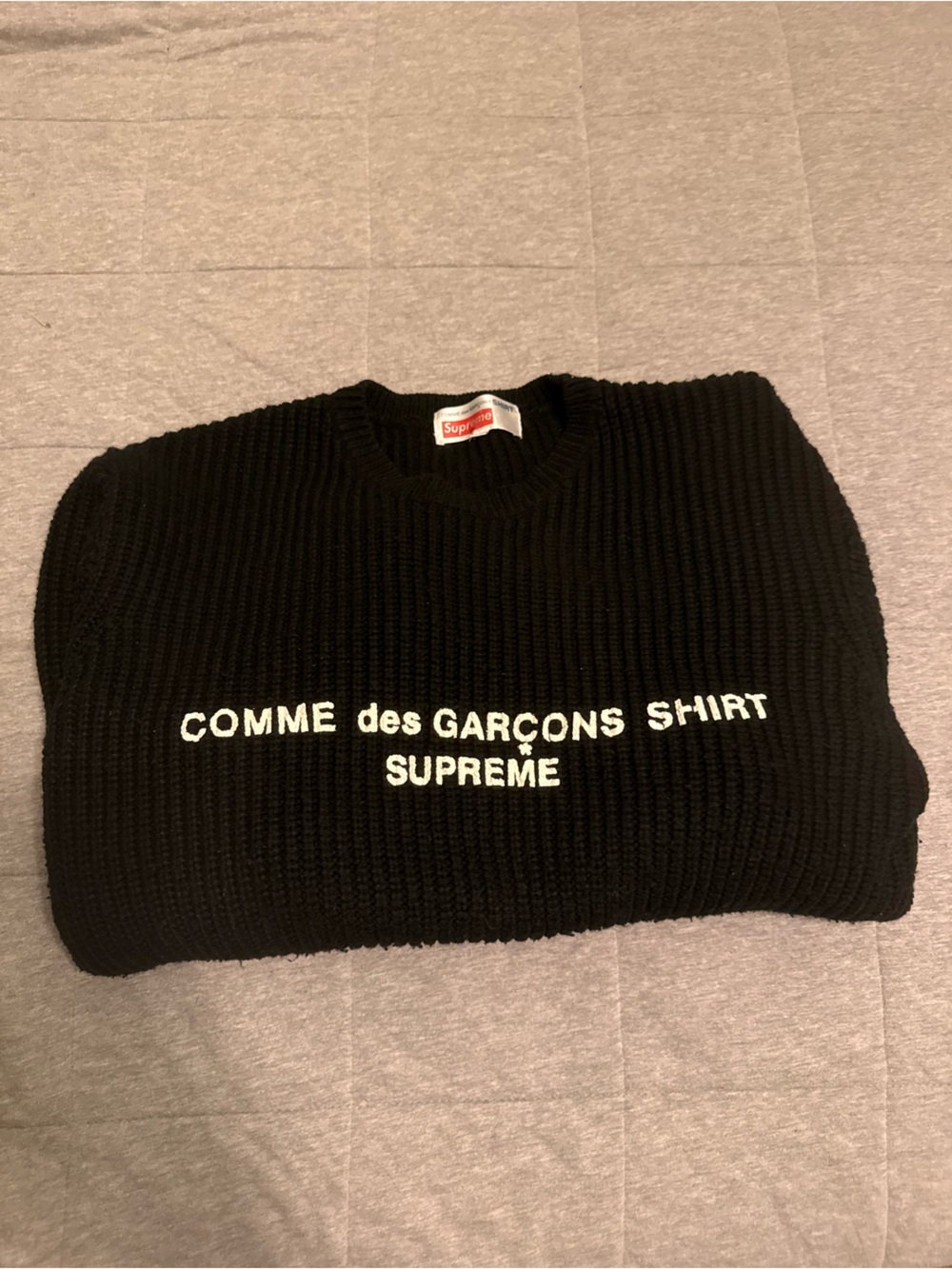 Supreme Black Knit Crewneck with White Comme des Garçons Logo